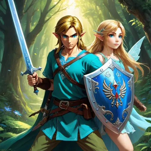 Prompt: Handsome Link with long hair, holding a sword and shield, accompanied by a light blue fairy, detailed fantasy illustration, highres, vibrant colors, anime style, dreamy lighting, magical, hero, legendary, iconic, detailed sword, intricate shield, fairy companion, mythical, adventurous, legendary hero, anime, fantasy, vibrant colors, dreamy lighting