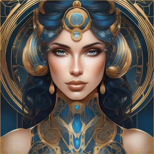 Prompt: Art Nouveau. upper-body portrait of a beautiful female cyborg, with gentle, empathetic eyes. realistic proportions, correct proportions. astrology, celestial symbolism, detailed blue, black, gold, copper, jade tinted