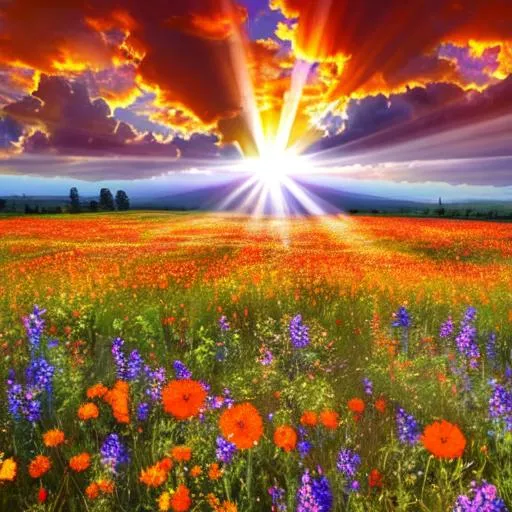 Prompt: sunrays falling on a field of wildflowers,  vivid colors of orange,red and yellow