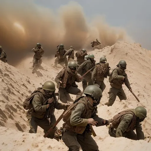 Prompt: trench warfare, recon scouts, scifi, army, rangers, sand storm, mountain, desert, lightning, lava