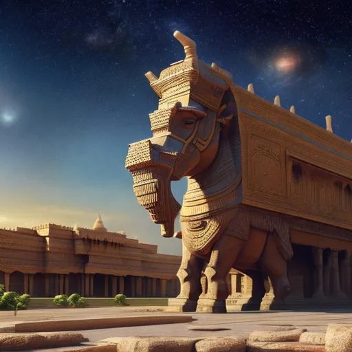 Prompt: Assyrian Lamassu guarding Khorsabad palace, 721–705 BC, widescreen, infinity vanishing point, galaxy background, surprise easter egg