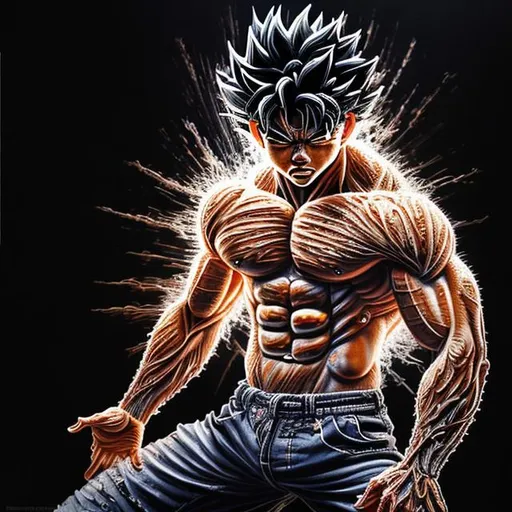 Prompt: 64K masterpiece intricate hyperdetailed breathtaking 3D glowing black oil painting medium portrait of son goku, black trousers, intricate hyperdetailed muscular body, intricate hyperdetailed muscles, glowing white light reflection on the muscles, hyperdetailed intricate hard standing glowing hair, hyperdetailed glowing angry white eyes, detailed face, white glowing muscles, tan glowing body, tan glowing skin, semi-polaroid monochrome photography, hyperdetailed complex, character concept, hyperdetailed intricate glowing shining glamorous colored water drop floating in the air, very angry, intricate glowing light reflection, intricate hyperdetailed glowing iridescent reflection, strong glowing white light on the hair, contrast white head light, hyperdetailed very strong colored shadowing very strong colored muscle shadow, professional award-winning photography, maximalist photo illustration 64k, resolution High Res intricately detailed, impressionist painting, yellow color splash, illustration, key visual, panoramic, cinematic, masterfully crafted, 8k resolution, stunning, ultra detailed, expressive, hypermaximalist, UHD, HDR, UHD render, 3D render, 64K, hyperdetailed intricate watercolor mix oil painting on the body, Toriyama Akira colored cyberpunk 2077 city skline backround