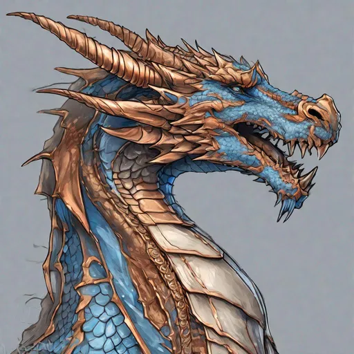 Prompt: Concept design of a dragon. Dragon head portrait. Side view. Coloring in the dragon is predominantly blue with strong copper streaks and details present.