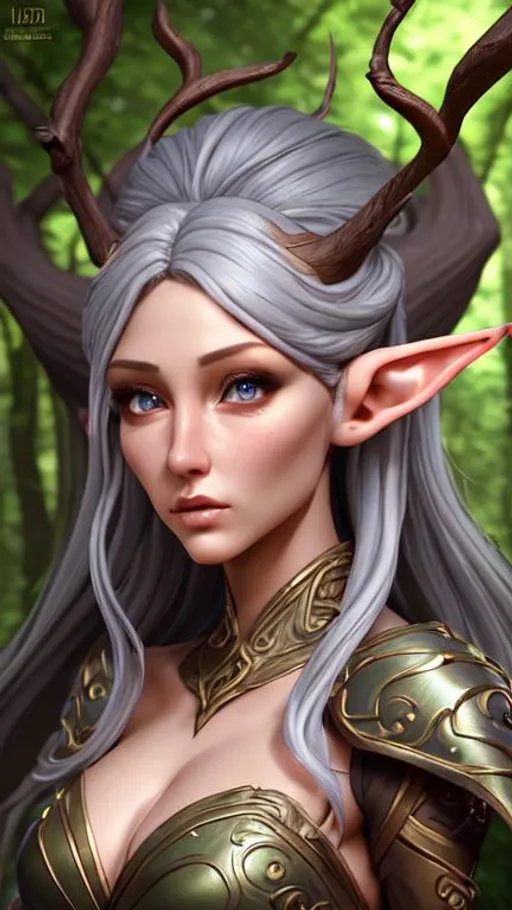 Prompt: highest quality stylized character concept masterpiece, award winning digital 3d oil painting art, hyper-realistic, intricate, 64k, UHD, HDR, image of a beautiful archonte elf-girl in a forest, highly detailed face, hyper-realistic facial features, perfect anatomy in perfect composition of professional, long shot, sharp focus photography, cinematic 3d volumetric, dramatic lighting with backlit backlight, {{sexy}}, aiming down sights with red-hair, green eyes, perfect smile, from Elder Scrolls.