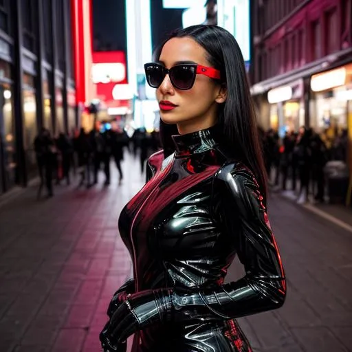 Prompt: Beautiful woman from a random country, futuristic black sunglasses wearing a red and black latex futuristic avant-garde dress, walking in the street, at night, highly detailed, ambient light, red neon lights, close-up, provocative, street photography.