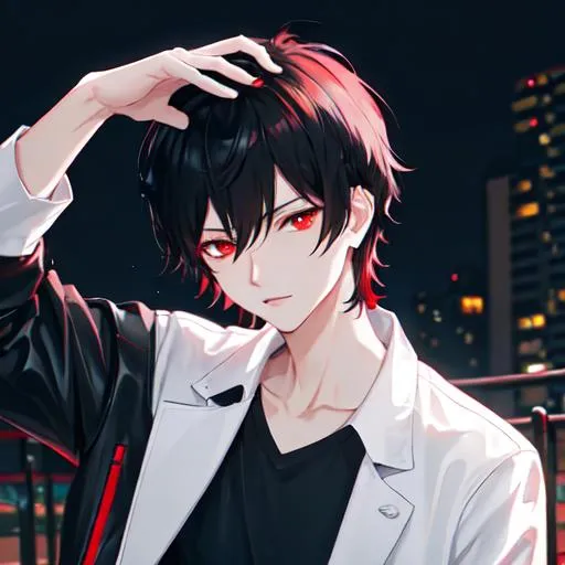 Prompt: Damien (male, short black hair, red eyes) in the park at night, casual outfit, dark out, nighttime, midnight, 8k resolution, ultra detailed, high resolution, dark out, pitch black