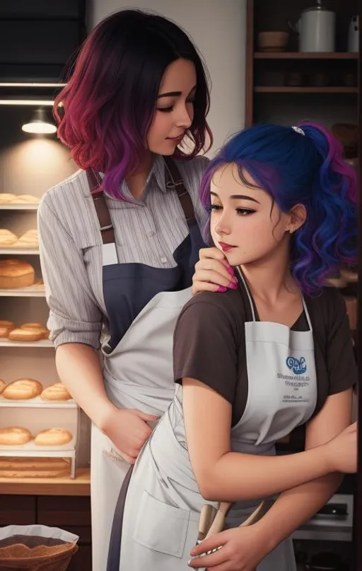 Prompt: vibrant hair, busy time a the bakery, baking, 2 girls, apron, mole under eye, mole on body, indoors, ((full body)) {{good looking}} {{cute}} {{good body}} {{tight}}, symmetrically colored hair, {{shadows}},
