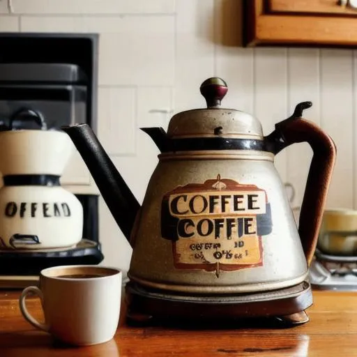 Prompt: a vintage coffee pot sitting on a stove with a wooden sign in the background with the words "Coffee" painted on it