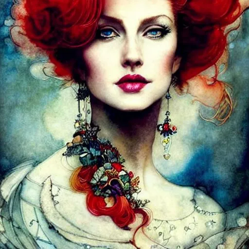 Prompt: A portrait of a beautiful woman with red hair, in style art  by Arthur Rackham, Alberto Seveso, nicky boehme, tom bagshaw, Kandinsky, viktor zaretsky, Bernard Frize. Highly detailed, very beautiful, Best quality. Beautifully lit.