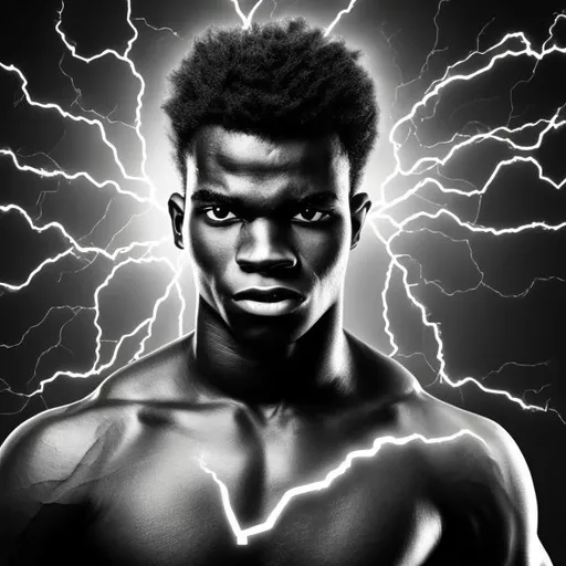 Prompt: black and white image of a strong muscular young african man with electricity in his eyes
