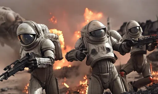 Prompt: space men war vs aliens battle fire death explosions ice planet action extreme violence power armour movie