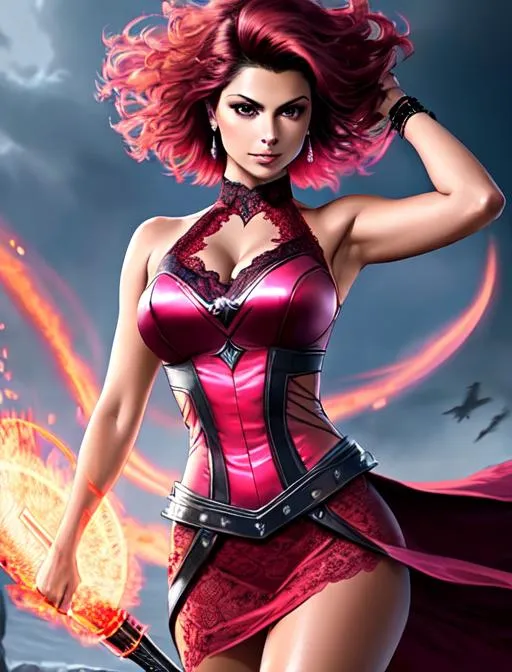 Prompt: full body pose, Morena Baccarin casting magic spells, sleeveless, pink and red hair, brown eyes, battlefield, ethereal, red lace royal wizard suit, jewelry set balayage, wild hair with bangs, royal vibe, highly detailed, digital painting, Trending on artstation , HD quality, tan skin,artgerm,  by Ilya Kuvshinov 