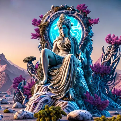 Prompt: On a distant planet there is a greek marble statue of a clothed goddess sitting on a throne, overgrown by corals. Rocks and strange plants surround it. Mountain range in the background.
vibrant colors, highly detailed, hyperrealistic, UHD, 64K