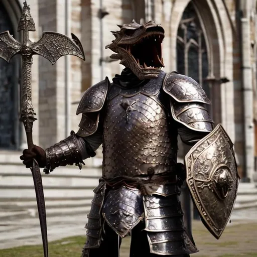 Prompt: Bronze Dragonborn in plate armour preaches to the church