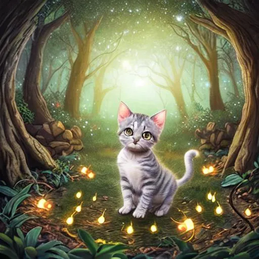 Prompt: A silver tabby kitten plays in an enchanted forest surrounded by fireflies