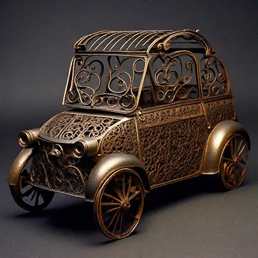 Prompt: A microcar made out of filigree wrought iron work