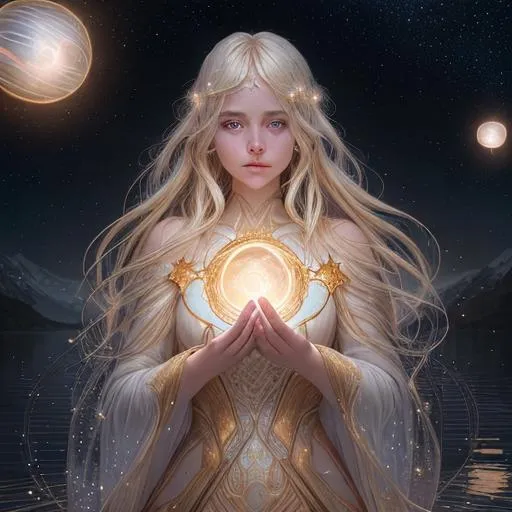 Prompt: Portrait of a beautiful girl surrounded by stars, standing at a lake. Flowing opal blonde hair, surrounded by orbs of gentle pale gold light, detailed matte painting, deep color, fantastical, intricate detail, splash screen, complementary colors, fantasy concept art, 8k resolution trending on Artstation Unreal Engine 5