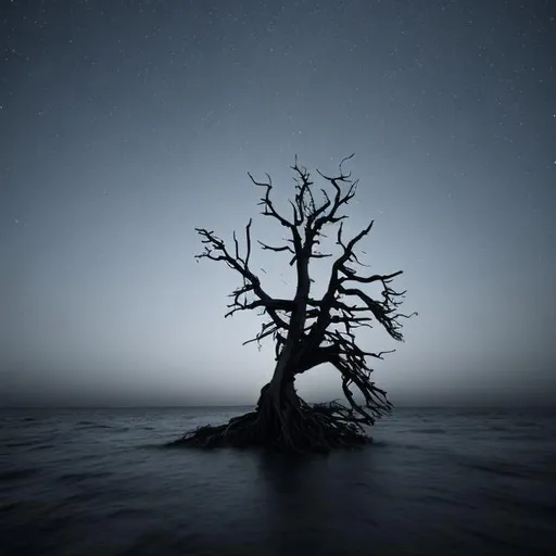 Prompt: A dead tree in the middle of a calm dark ocean 