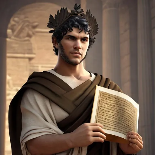 Prompt: handsome ancient Roman dressed in a toga holding a scroll of papyrus with a laurel wreath on his head, black hair, half-lenght and looking towards the camera, photorealistic