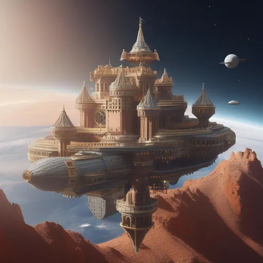 Prompt: A space station that looks like a medieval castle floating through space, made from bricks,