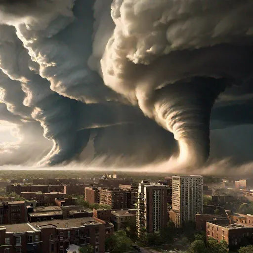 Prompt: A colossal tornado, with winds fueled by the power of 1000 storms, rampages through a sprawling metropolis. ((Chiaroscuro lighting)), ((cinematic framing)), and ((dynamic perspective)) showcase the immense scale and devastation. The tornado, swirling ferociously, engulfs towering skyscrapers and rips apart infrastructure with terrifying force. Debris is sent soaring into the atmosphere as the city crumbles under nature's wrath.