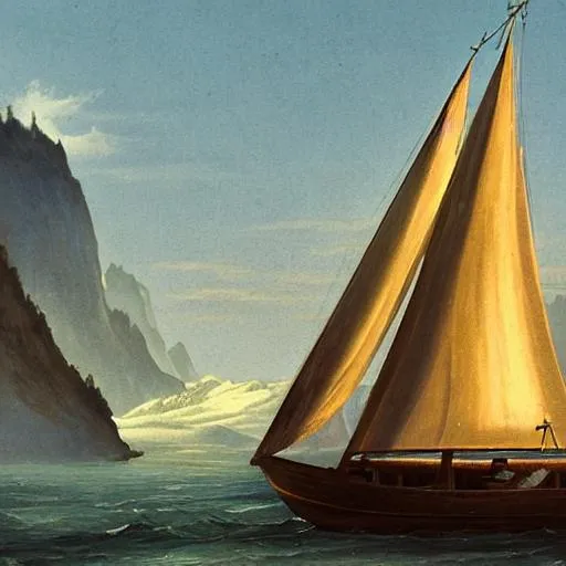 Prompt: A sailboat in surrounded by majestic mountains medieval time period.