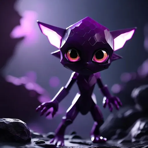 Prompt: Small purple humanoid figure, long pointy ears, large hexagon shaped gems for eyes, a large mouth with small pointy teeth, three fingers on each hand and three toes on each foot, short limbs, crouched stance, purples and blues, dim lighting, cave, spooky, goblin like, dark, smooth skin, crystals, genderless, smokey