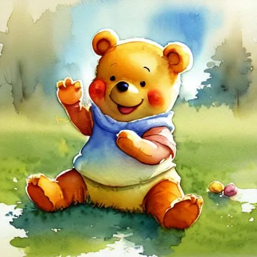 Prompt: Lovely watercolour painting of a cute happy pooh bear playing, Muted colours, Storybook Illustration, Charming