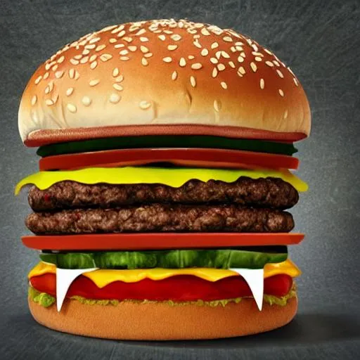 Prompt: hamburger cheeseburger big mac whopper inside a man's big mouth