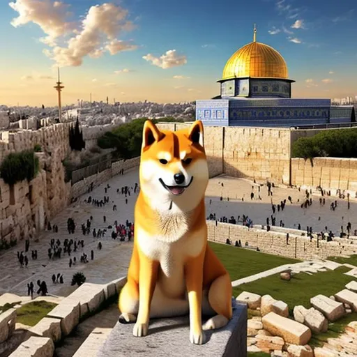 Prompt: Shiba Inu on hilltop in jerusalem at western wall realistic, baroque painting 