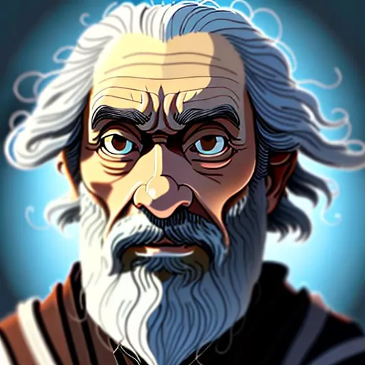 Prompt: ghibli style portrait of a crusty old man with shoulder-length curly white hair and beard with blue eyes wearing dark colored jedi robes