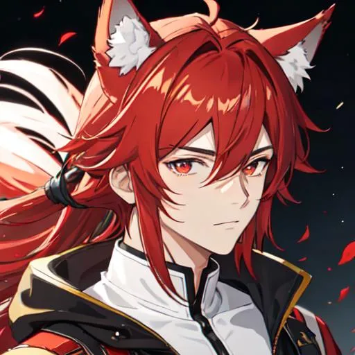 Prompt: male(Red side-swept hair covering his right eye) wolf ears, wolf tail, HD, 8K