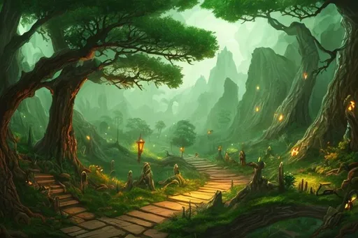Prompt: fantasy dnd art woods green landscape trail
