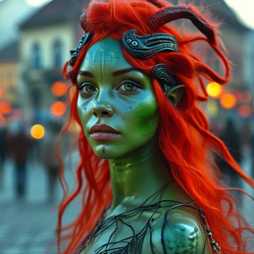 Prompt: dancing hybrid earth and alien woman, 185 cm tall, 80 kg, light green skin,red hair, large full black eyes, standing confidently in cluj-napoca , unirii square, realistic,, warm, smiling, lighting, inviting ambiance, vibrant colors blending with arid terrain, emphasis on intricate details capturing the energy of her presence.