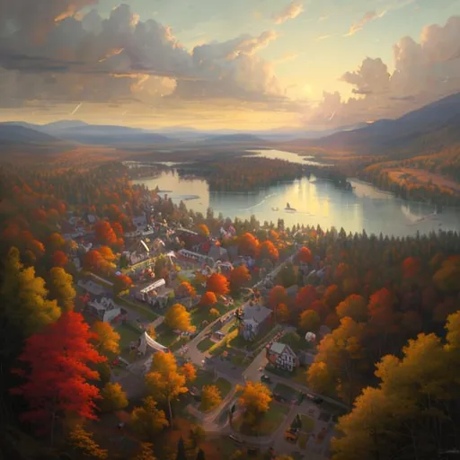 Prompt: bird's eye view of a beautiful painting of a small, sleepy New Hampshire college town nestled in a forest by greg rutkowski, trending on artstation