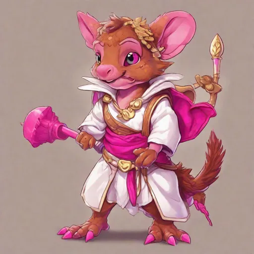 Prompt: kobold, Wearing Cupid's Robe, white with brown and gold belt and fuchsia sleeves, beautiful, masterpiece, best quality, in cartoon style