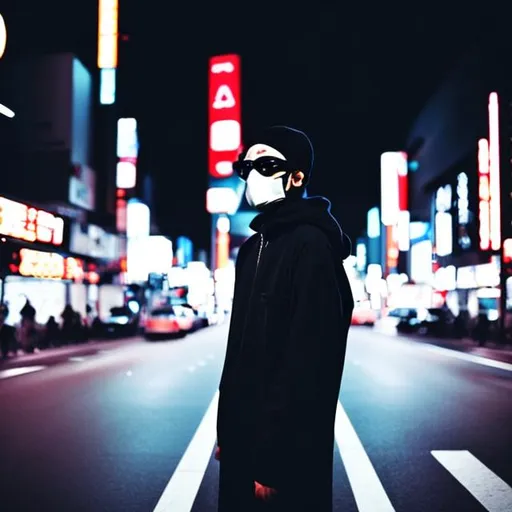 Prompt: a cool guy standing in the middle of street in middle of the night in  Tokyo wearing a black cloths, wearing a black mask, no people around him, his hands in his pocket, wearing a black cap, wearing a black glasses, wearing a black headphones, no light in the steet