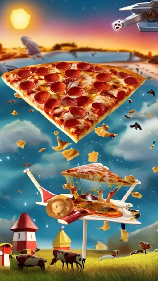 Prompt: Pizza spaceship hovering over a field of cows on a hot summer night