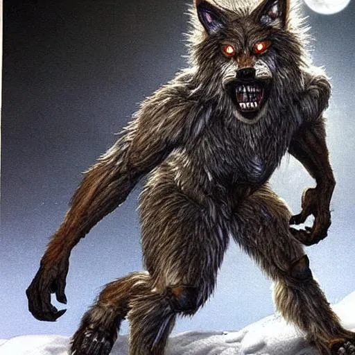 Prompt: Hyper realistic Bipedal Wolfman, or Werewolf, in forest, full moon, horror, terror, bodybuilding upper body Muscles , brown fur, with red eyes! Claws. 7 feet tall, and sinister, and battling Sasquatch! Vicious Hellhound. 