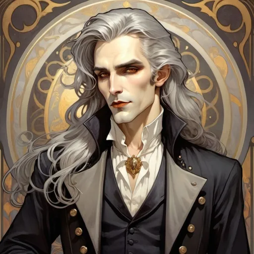 Prompt: full figure handsome male vampire with long, grey hair, pale skin, black lips and golden eyes, wearing a tailcoat