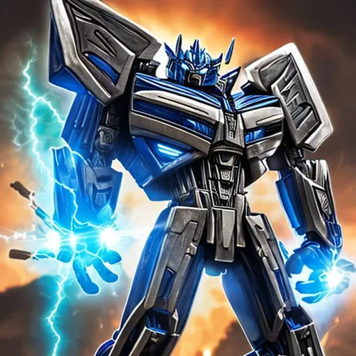 Prompt: transformers autobot aegis valiant hororable protecting inncent lives upholding justice embodies heroisam and resilience stands tall and exudes confadance he sports a combanaition of metallic blue and silver armour he has energy guntlets enegy shild sonic boosters
