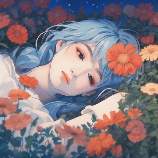 Prompt: close up shot, anime, ghibli, girl, lying in a bed of flowers, blue hair, headshot, delirious, midnight, moonlight, dreamy filter