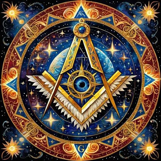 Prompt: Masonic Square and compasses, with the letter "G" in the center of the compasses ablaze, celestial Van Gogh cosmos, swirling colors, intricate details, otherworldly horror, detailed patterns, Bosch-inspired, planet Earth, cosmic fire, hi-res, detailed, celestial, intricate, intense colors, Van Gogh, Masonic symbolism, professional, atmospheric lighting