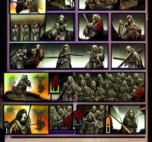 Prompt: Comic strip  Jesus Christ army very detailed new age painting style futuristic samurai saints with guns and swords battle against evil cyberpunk ninjas with electric swords highly detailed battle scene unreal engine 5 style 