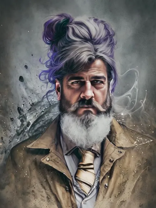 Prompt: UHD, hd , 8k, , hyper realism, Very detailed, zoomed out view, whole character is in view, horror atmosphere,  a white man wizard character summoning a purple magic spell  with brown hair styled in a man bun & has a thick  bushy long  brown beard, green eyes, he wears a white dress shirt & tie with a long grey trench coat over top, he wares black dress pants and shoes,  