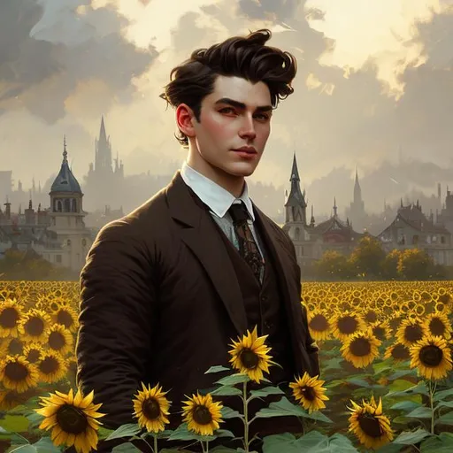 Prompt: Splash art portrait of ruggedly, androgynous, feminine, dark brown haired man with short hair, 30 years old, in a sunflower field, victorian light clothes, elegant, highly detailed, intricate, smooth, sharp focus, artstation, digital painting, concept art, art by greg rutkowski, alphonse mucha and John William Waterhouse, light, romantic, happy, soft, gentle, golden, warm, summer