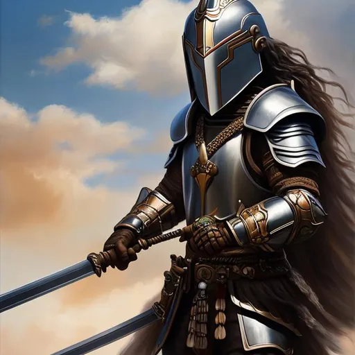 Prompt: epic oil painting, Wide angle, The whole body showing, highly detailed, masterpiece. Anatomically correct hands. Native American, brown skin, very curly hair, grey hair, Japanese armor, helmet with a narrow t-shaped visor. sword, ((holding sword)), night lights, 