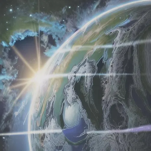 Prompt: {large green and blue planet}, zoomed out, sun behind peaking out, lens-flare shaded, space-cosmic background, bright colors, realistic