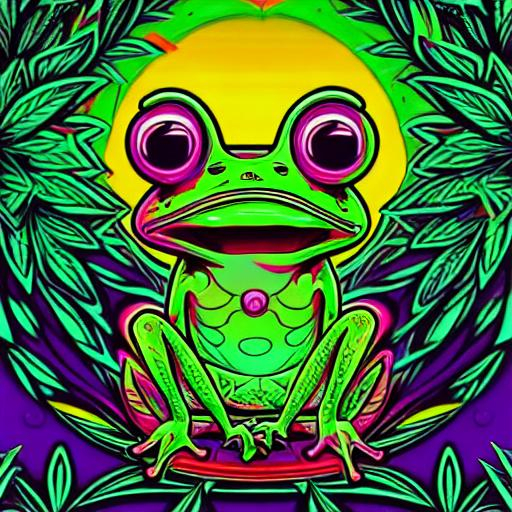 Hypnotic illustration of a frog whit a Marijuana's f... | OpenArt