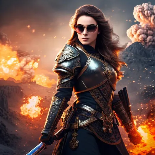 Prompt: create hig quality photograph of  beautiful female princes soldier with sunglasses on, explosion in background, extremely detailed face, extremely detailed environment, extremely detailed background, intricate, extremely detailed skin, natural colors , professionally color graded, photorealism, 8k, realistic, moody lighting, ambience lighting